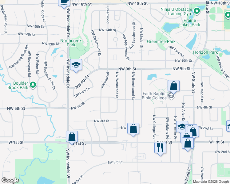 map of restaurants, bars, coffee shops, grocery stores, and more near 723 Northwest Greenwood Street in Ankeny
