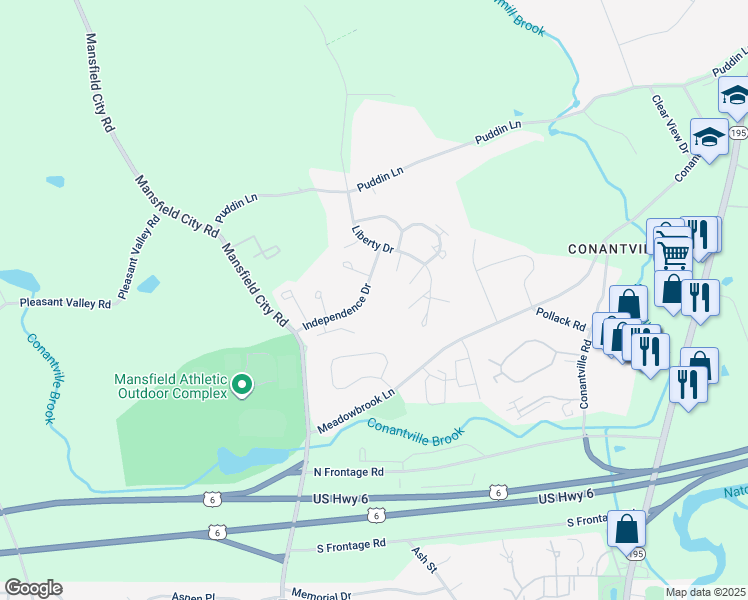 map of restaurants, bars, coffee shops, grocery stores, and more near 43 Liberty Drive in Mansfield