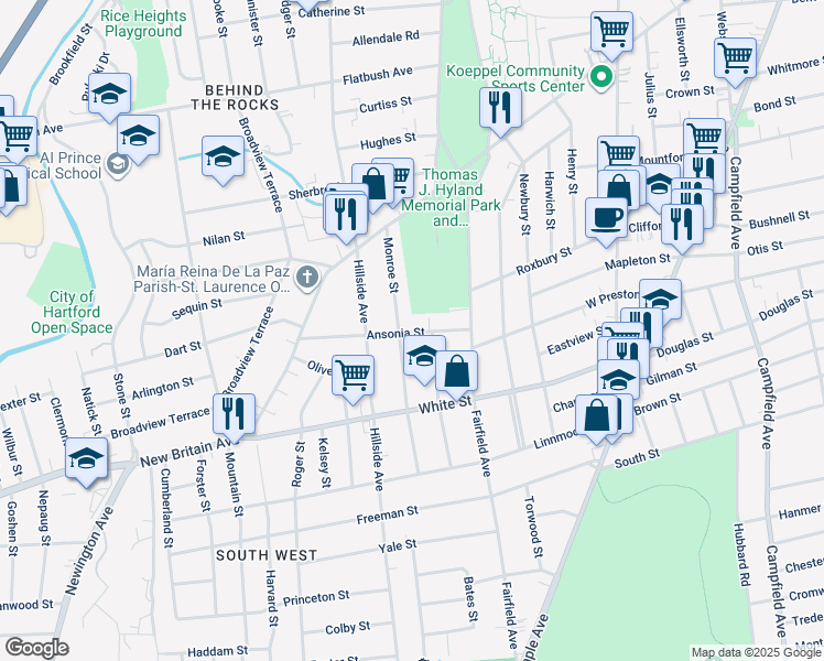 map of restaurants, bars, coffee shops, grocery stores, and more near 227 Linnmoore Street in Hartford