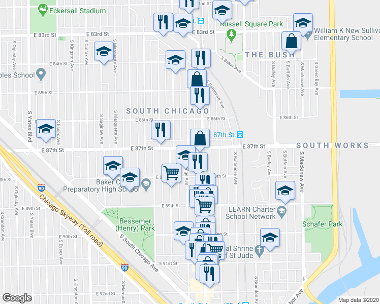 map of restaurants, bars, coffee shops, grocery stores, and more near 8739 South Exchange Avenue in Chicago