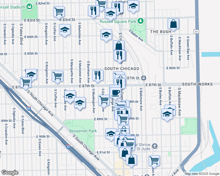 map of restaurants, bars, coffee shops, grocery stores, and more near 2906 East 87th Street in Chicago