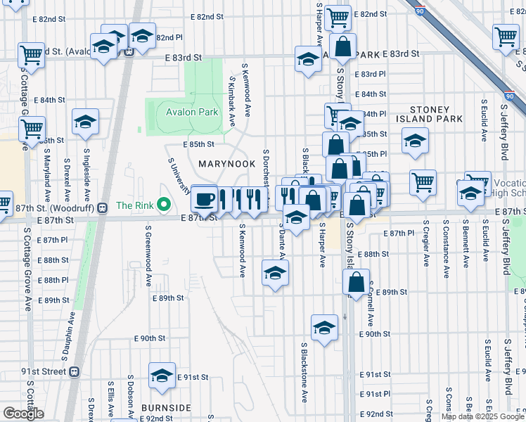 map of restaurants, bars, coffee shops, grocery stores, and more near 8645 South Kenwood Avenue in Chicago