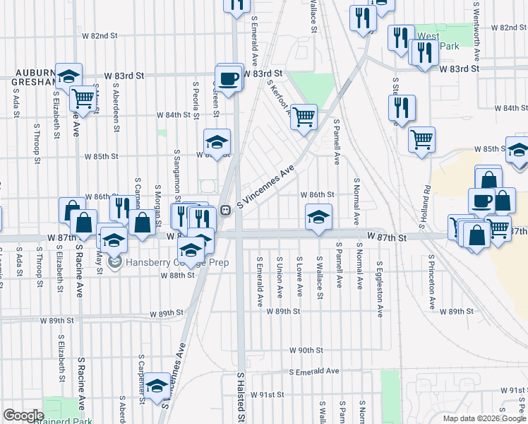 map of restaurants, bars, coffee shops, grocery stores, and more near 8615 South Emerald Avenue in Chicago