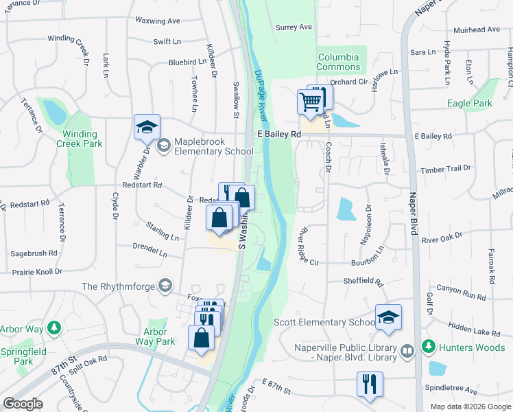 map of restaurants, bars, coffee shops, grocery stores, and more near 40 Harbor Court in Naperville