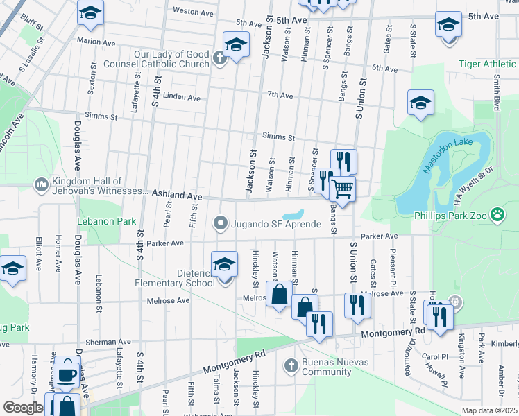 map of restaurants, bars, coffee shops, grocery stores, and more near 940 Jackson Street in Aurora