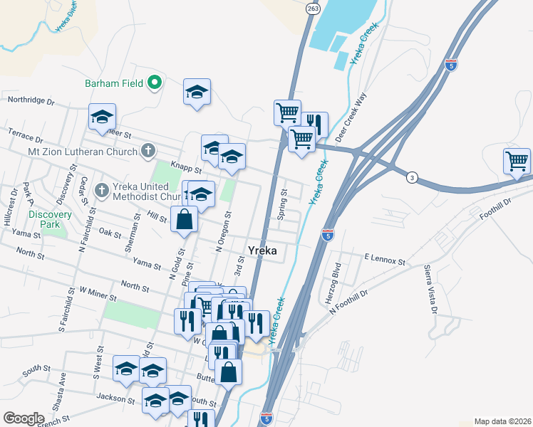 map of restaurants, bars, coffee shops, grocery stores, and more near 558 North Main Street in Yreka