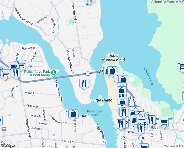 map of restaurants, bars, coffee shops, grocery stores, and more near 12 County Road in Barrington