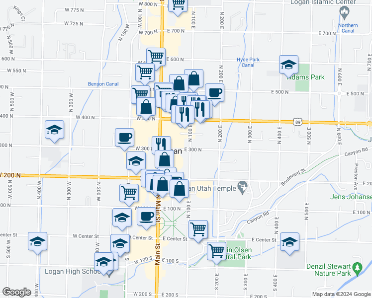 map of restaurants, bars, coffee shops, grocery stores, and more near 87 East 300 North in Logan