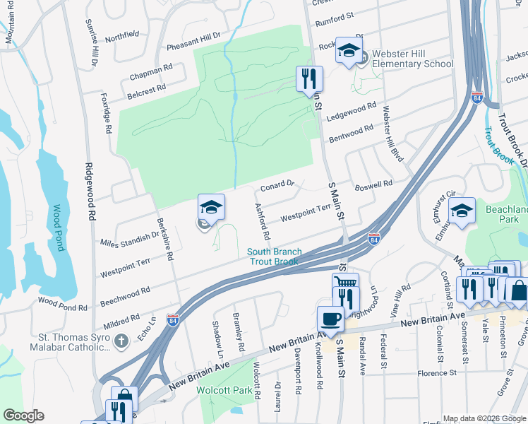 map of restaurants, bars, coffee shops, grocery stores, and more near 2 Kimberly Road in West Hartford