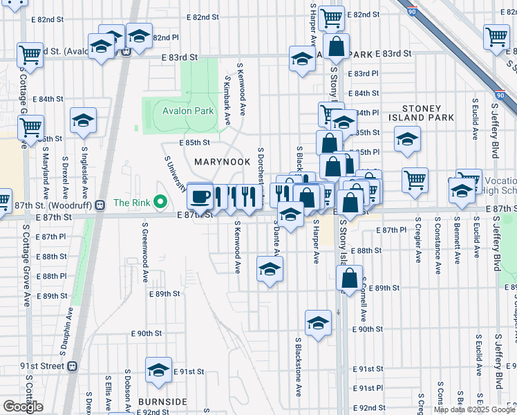 map of restaurants, bars, coffee shops, grocery stores, and more near 8645 South Kenwood Avenue in Chicago