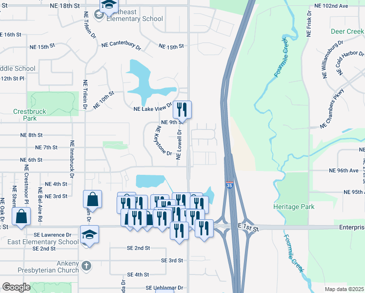 map of restaurants, bars, coffee shops, grocery stores, and more near 609 Northeast Lowell Drive in Ankeny