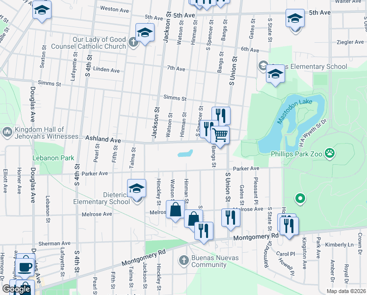 map of restaurants, bars, coffee shops, grocery stores, and more near 565 Ashland Avenue in Aurora