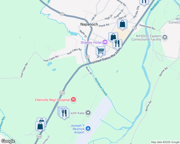 map of restaurants, bars, coffee shops, grocery stores, and more near 41 River Street in Napanoch
