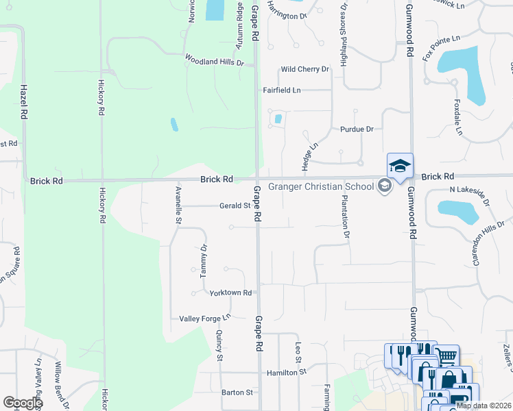 map of restaurants, bars, coffee shops, grocery stores, and more near 16501 Gerald Street in Granger