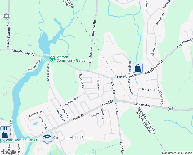 map of restaurants, bars, coffee shops, grocery stores, and more near 2 Prudence Lane in Warren