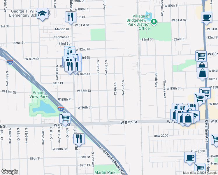 map of restaurants, bars, coffee shops, grocery stores, and more near 8428 South 77th Court in Bridgeview