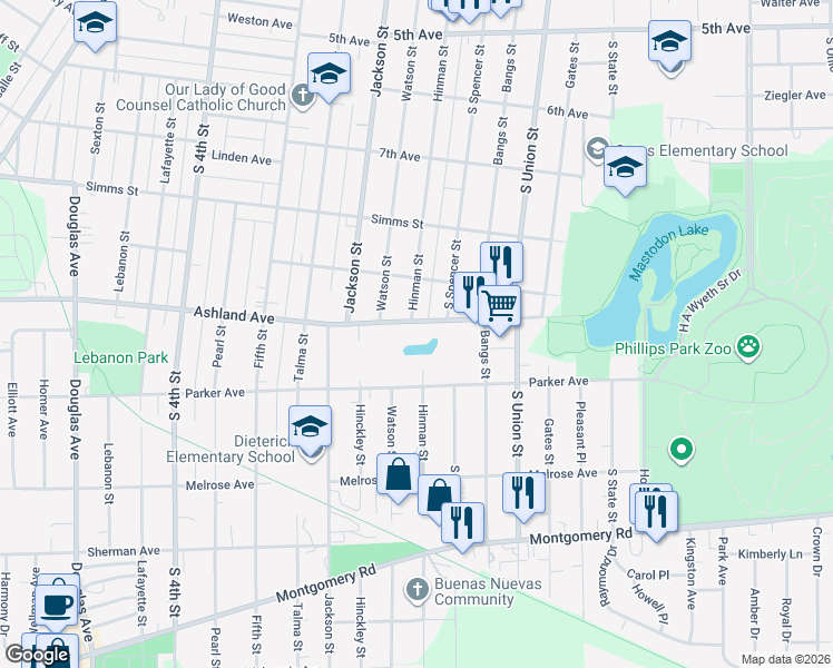 map of restaurants, bars, coffee shops, grocery stores, and more near 559 Ashland Avenue in Aurora