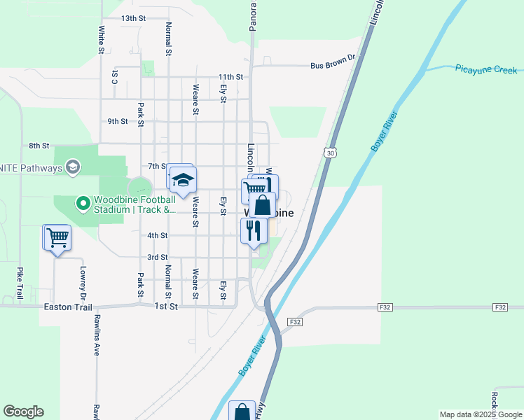 map of restaurants, bars, coffee shops, grocery stores, and more near 501 Walker Street in Woodbine