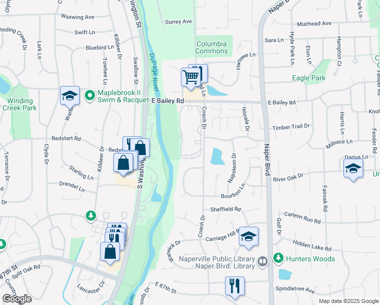 map of restaurants, bars, coffee shops, grocery stores, and more near 258 East Bailey Road in Naperville