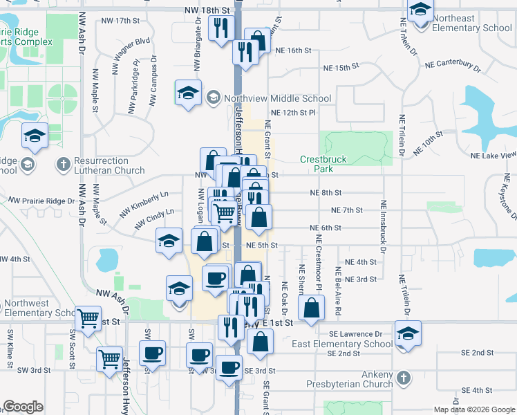 map of restaurants, bars, coffee shops, grocery stores, and more near 713 North Ankeny Boulevard in Ankeny