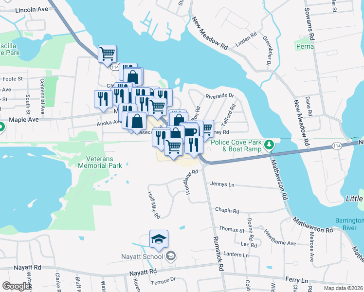 map of restaurants, bars, coffee shops, grocery stores, and more near 186 County Road in Barrington