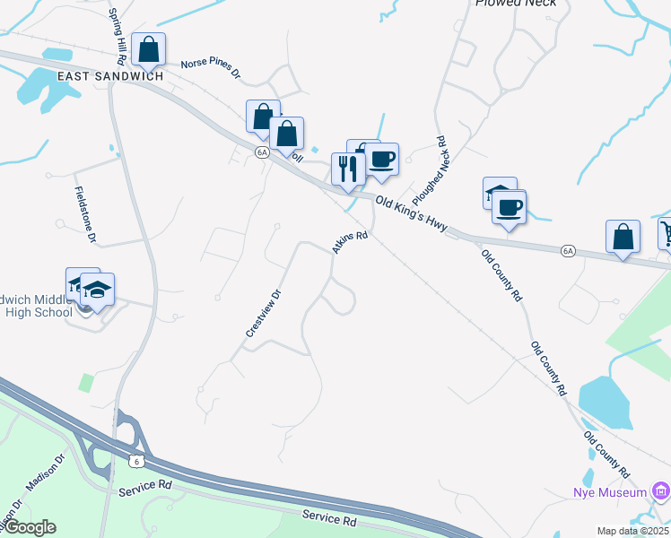 map of restaurants, bars, coffee shops, grocery stores, and more near 1 Crestview Drive in Sandwich