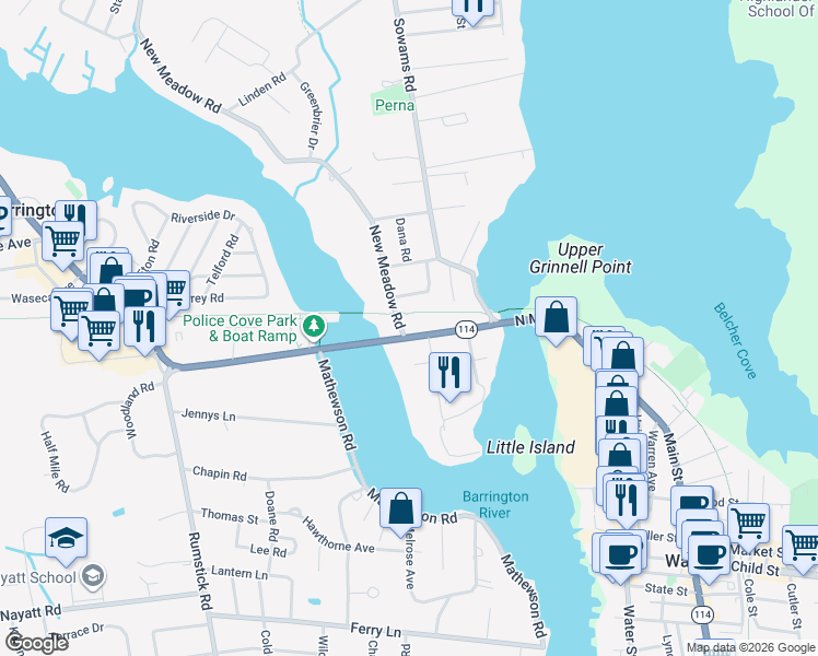map of restaurants, bars, coffee shops, grocery stores, and more near 7 New Meadow Road in Barrington