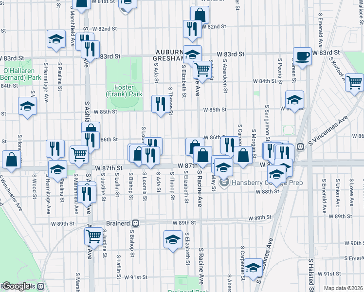map of restaurants, bars, coffee shops, grocery stores, and more near 8605 South Throop Street in Chicago