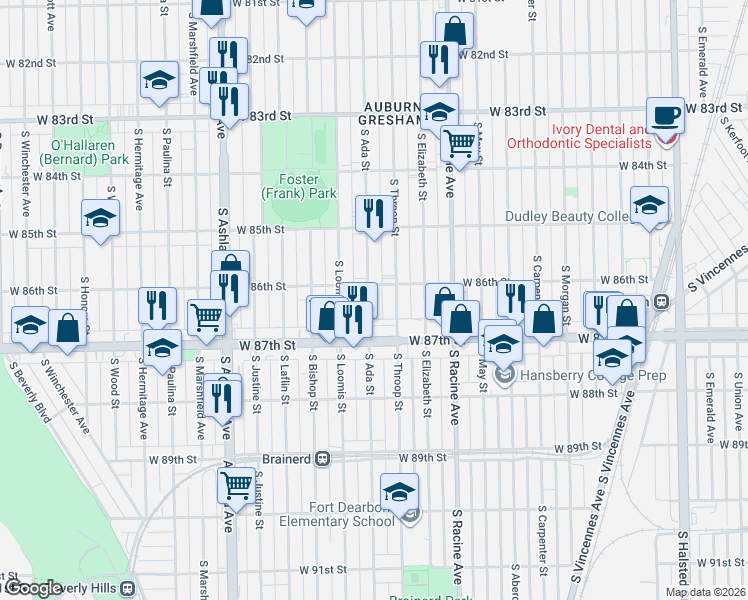 map of restaurants, bars, coffee shops, grocery stores, and more near 8607 South Ada Street in Chicago