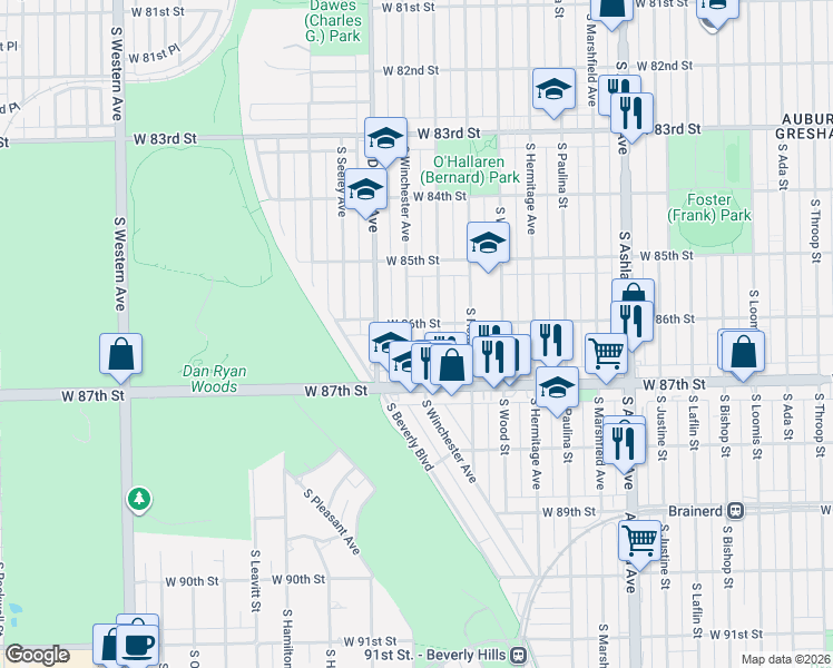 map of restaurants, bars, coffee shops, grocery stores, and more near 8558 South Winchester Avenue in Chicago