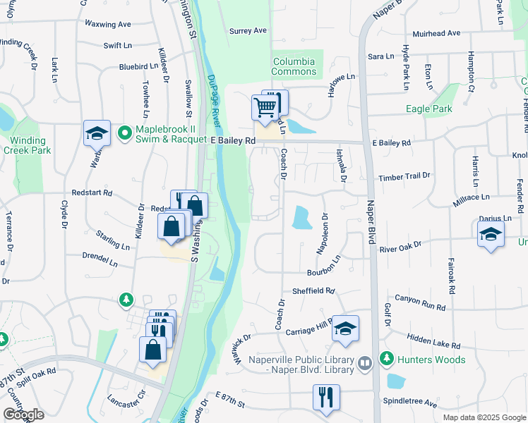 map of restaurants, bars, coffee shops, grocery stores, and more near 258 East Bailey Road in Naperville