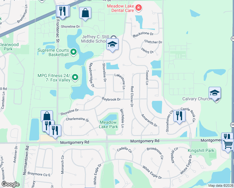 map of restaurants, bars, coffee shops, grocery stores, and more near 1050 Rosefield Lane in Aurora