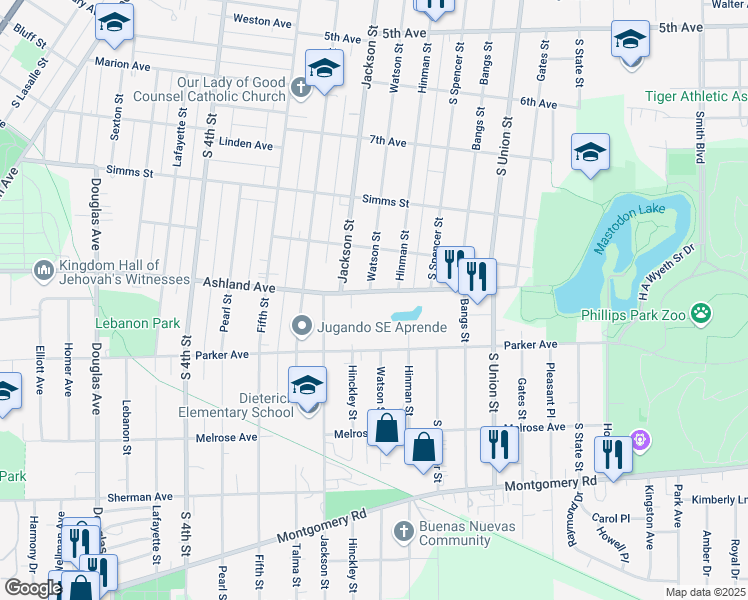 map of restaurants, bars, coffee shops, grocery stores, and more near 556 Ashland Avenue in Aurora
