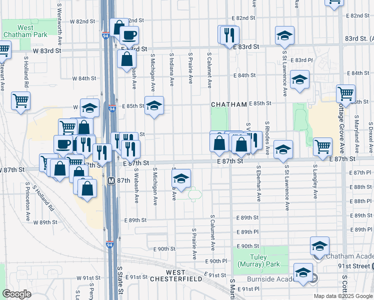 map of restaurants, bars, coffee shops, grocery stores, and more near 8624 South Prairie Avenue in Chicago