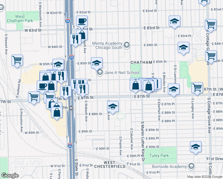 map of restaurants, bars, coffee shops, grocery stores, and more near 8626 South Indiana Avenue in Chicago