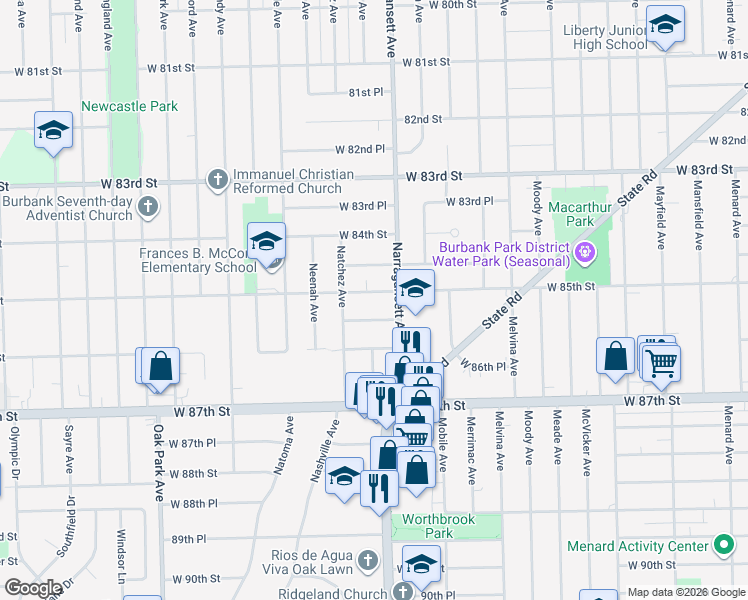 map of restaurants, bars, coffee shops, grocery stores, and more near 6429 85th Street in Burbank