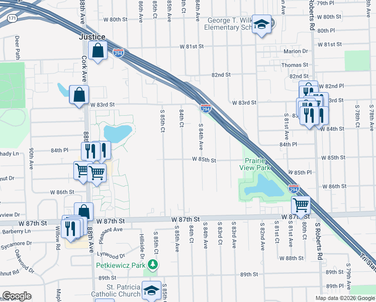 map of restaurants, bars, coffee shops, grocery stores, and more near 8435 84th Court in Hickory Hills