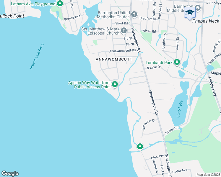 map of restaurants, bars, coffee shops, grocery stores, and more near 55 Appian Way in Barrington