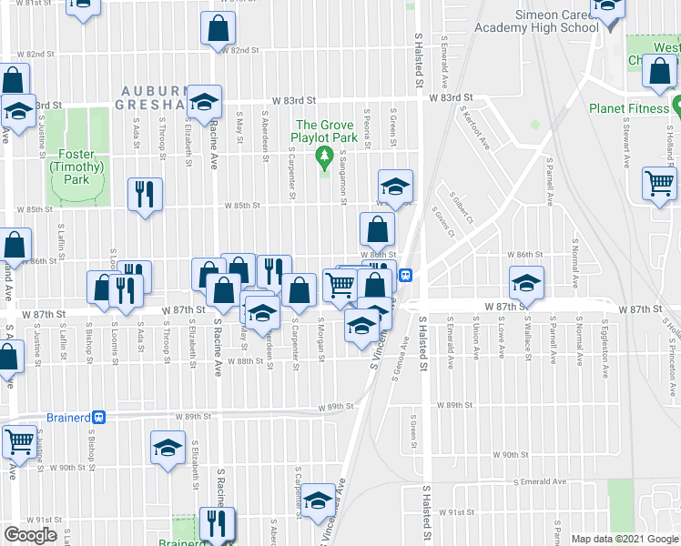 map of restaurants, bars, coffee shops, grocery stores, and more near 8620 South Sangamon Street in Chicago