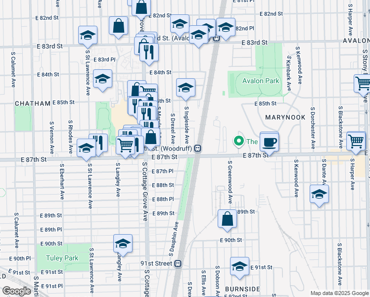 map of restaurants, bars, coffee shops, grocery stores, and more near 8640 South Ingleside Avenue in Chicago