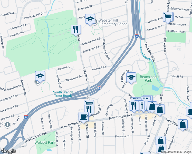map of restaurants, bars, coffee shops, grocery stores, and more near 29 Hooker Drive in West Hartford