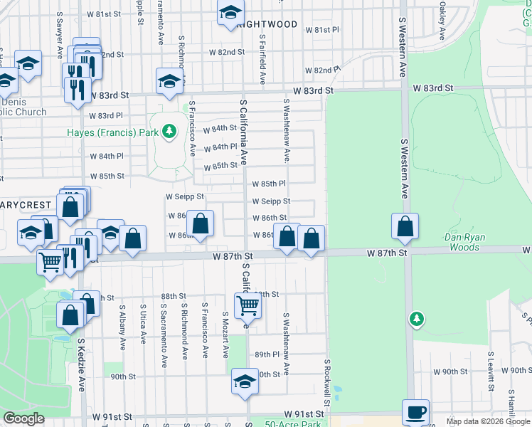 map of restaurants, bars, coffee shops, grocery stores, and more near 2743 West Seipp Street in Chicago