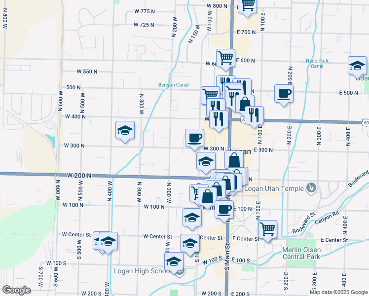 map of restaurants, bars, coffee shops, grocery stores, and more near 188 North 150 West in Logan