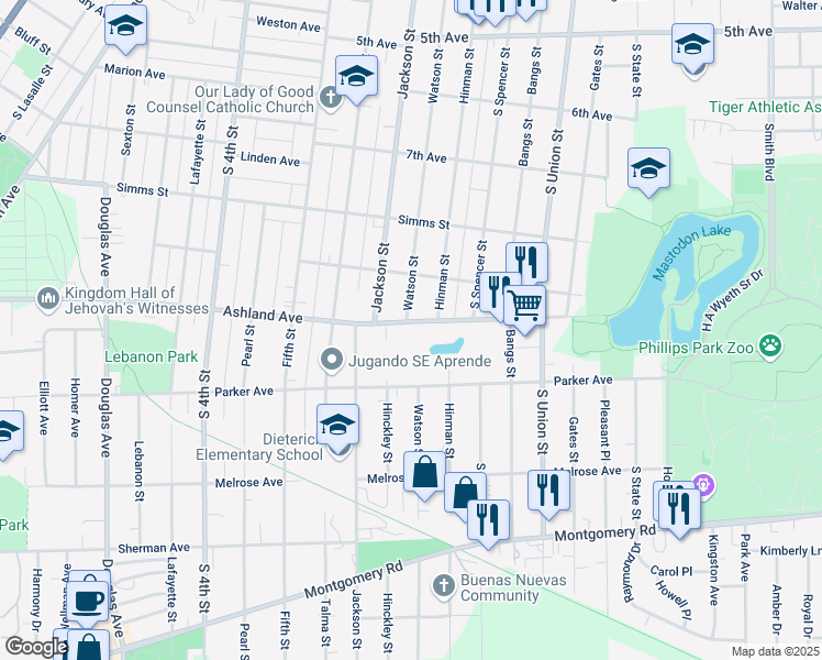 map of restaurants, bars, coffee shops, grocery stores, and more near 556 Ashland Avenue in Aurora