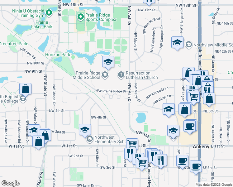 map of restaurants, bars, coffee shops, grocery stores, and more near 949 Northwest Prairie Ridge Drive in Ankeny