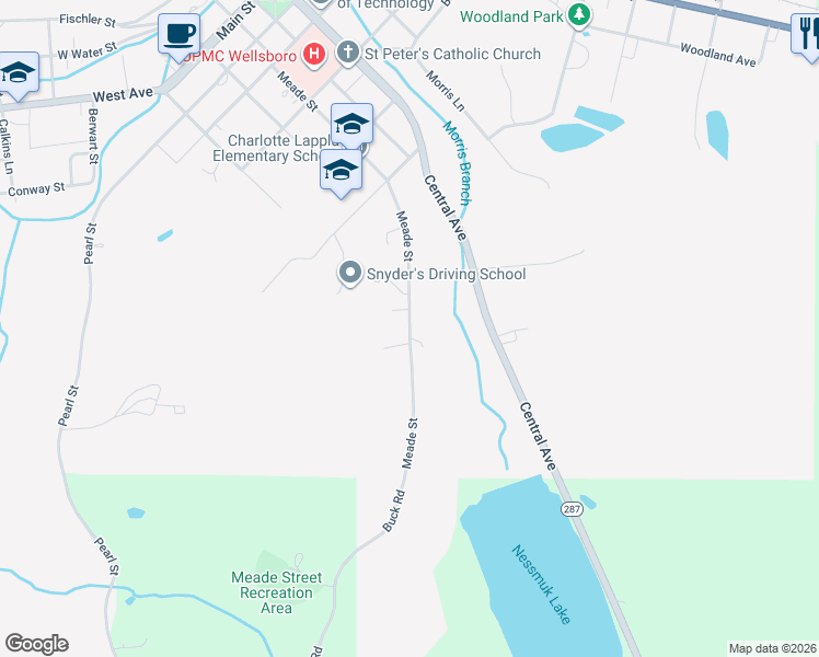 map of restaurants, bars, coffee shops, grocery stores, and more near 84 Meade Street in Wellsboro