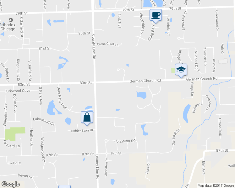 map of restaurants, bars, coffee shops, grocery stores, and more near 8333 South County Line Road in Burr Ridge