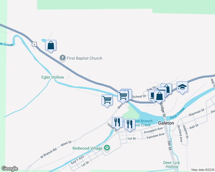 map of restaurants, bars, coffee shops, grocery stores, and more near West Main Street in Galeton