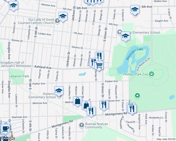 map of restaurants, bars, coffee shops, grocery stores, and more near 565 Ashland Avenue in Aurora