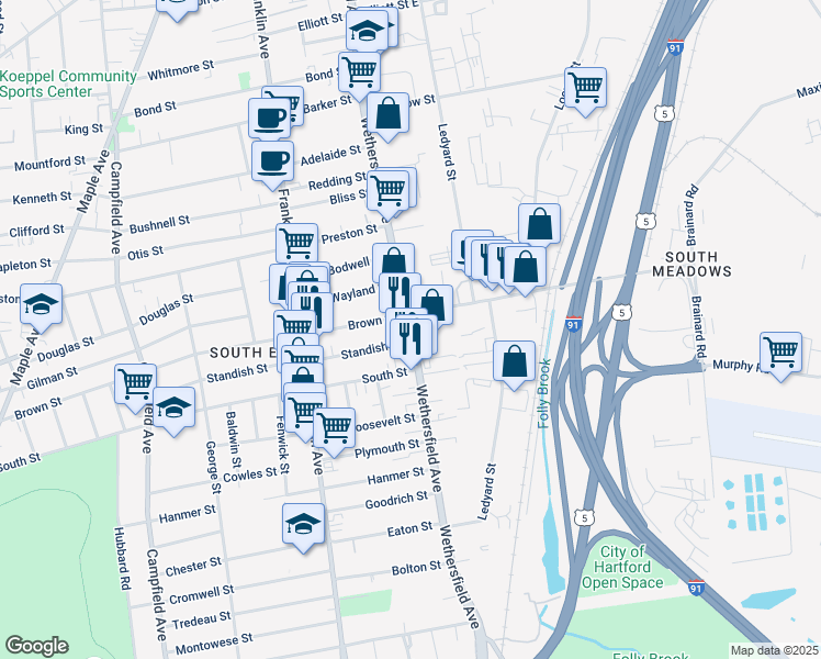 map of restaurants, bars, coffee shops, grocery stores, and more near 682 Wethersfield Avenue in Hartford